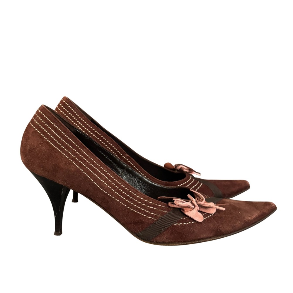 Le Altre Brown Suede Pointed Toe Bow Pumps Made in Italy Size 38 Stiletto Heels